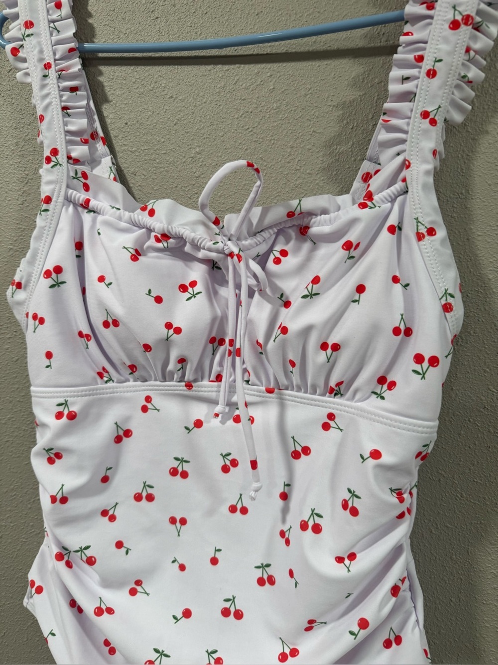 White Cherry Print Ruffled One-Piece Swimsuit - Picture 4 of 6